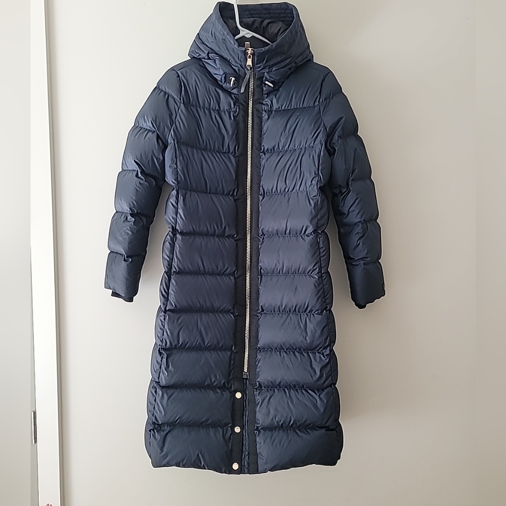 Geospirit Blue Knee-Length Goose Down  Puffer Coat with High Collar Size S